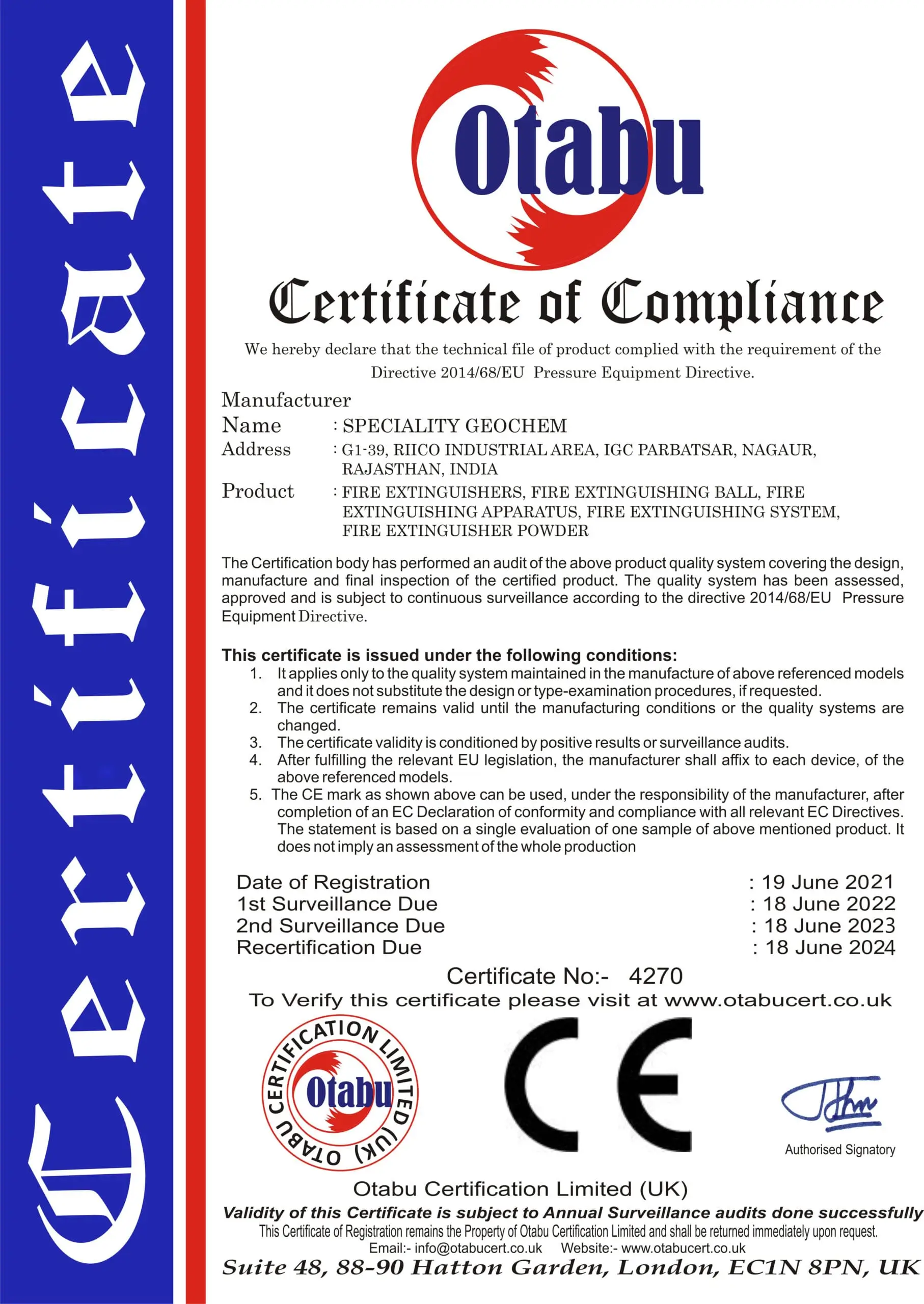 CE Certificate of Fire Extinguisher Ball by Speciality Geochem