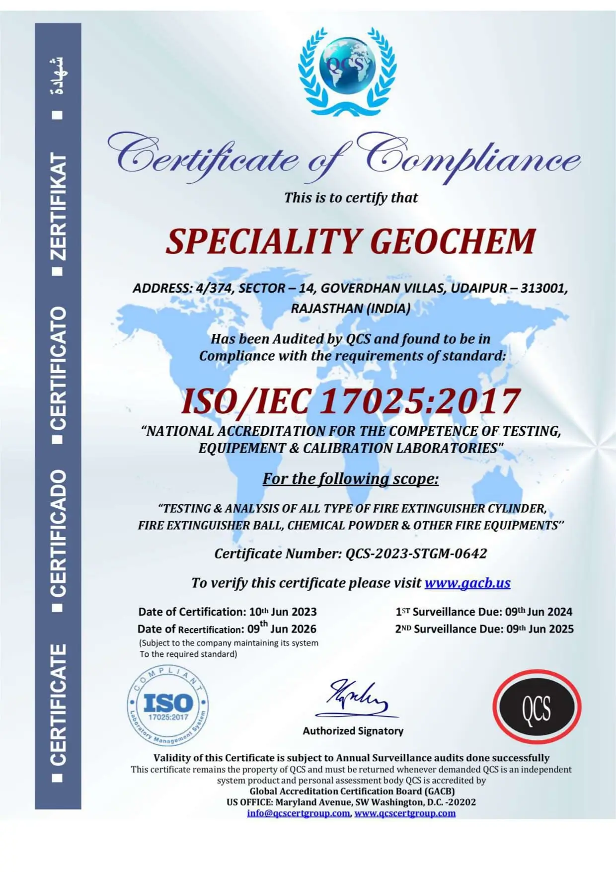Certificate of Compliance for AFS Fire Extinguisher Ball from Speciality Geochem