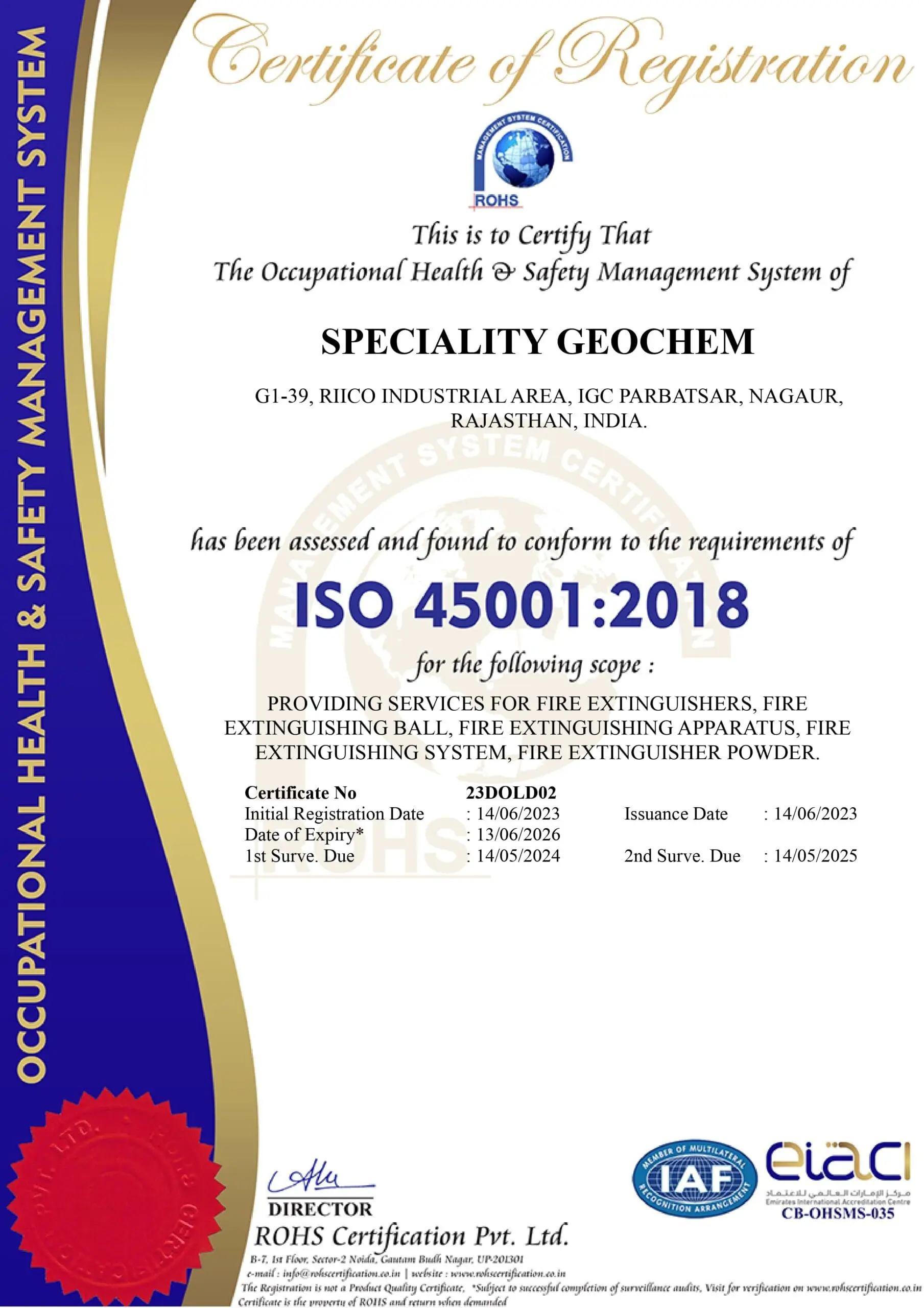 ISO 45001 certification for AFS Fire Extinguisher Ball from Speciality Geochem