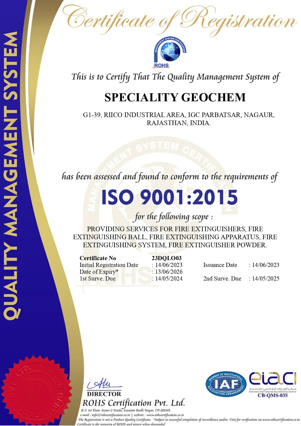 ISO-9001 certification for AFS Fire Extinguisher Ball from Speciality Geochem