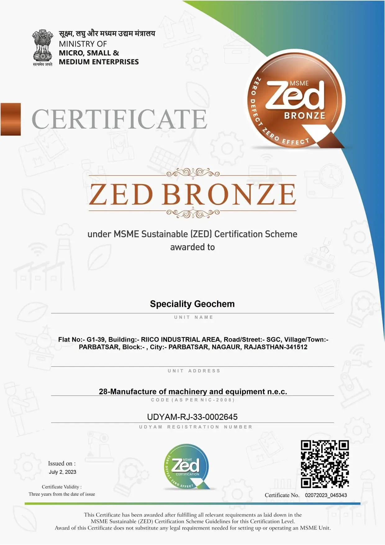 Zed certificate for AFS Fire Extinguisher Ball from Speciality Geochem